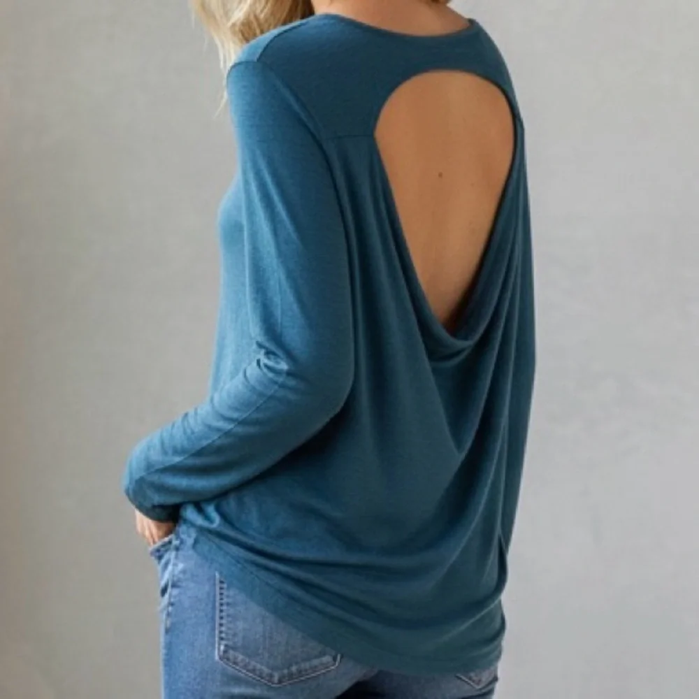 Olivia Moon Teal Blue Drape Open Back Knit Top Sz M Long Sleeve Made In USA EUC